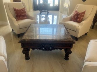 Marble Top Carved Wood Coffee Table and End table