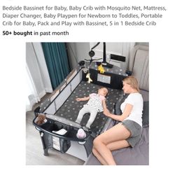 Bedside Bassinet for Baby, Baby Crib with Mosquito Net, Mattress, Diaper Changer, Baby Playpen for Newborn to Toddles, Portable Crib for Baby, Pack an