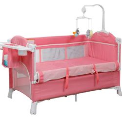 Adjustable Pink Nursery Center Bed Side Crib, Baby Bed Playard, Infant Bassinet with Diaper Changer and Hanging Toys