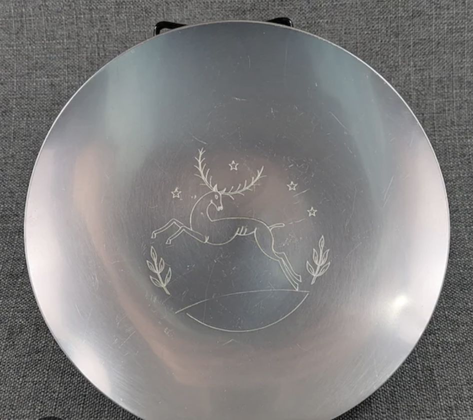 Beautiful Antique 1930's Art-Deco Kensington Brushed Aluminum Leaping Reindeer 10" Round Plate