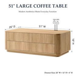 51" Fluted Coffee Table with Storage, Modern Large Coffee Table with 4 Drawers, Rectangle Wood Center Table for,