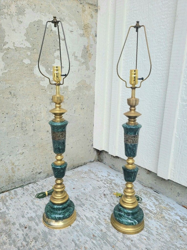 Pair of Mid-Century James Mont Style Dark Green Marble and Bronze Column Table Lamps