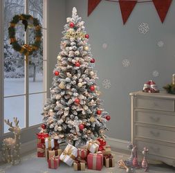 6 FT Snow Flocked Green Spruce Tree w/ Lights - 300569