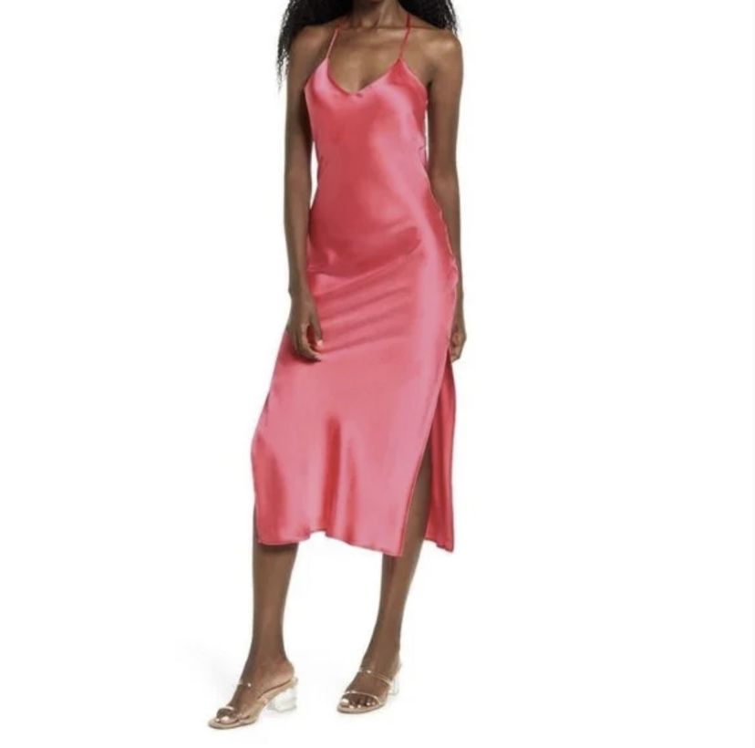 TOPSHOP Hot Pink Fuschia Satin Cross Back Midi Dress Cowl Neck Side Slit Size 4