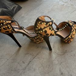 Leopard Print Peep Toe Heels with Studs