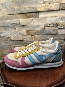 Woman’s Sz 7 Gola Daytona sneaker white Baltic blue fuchsia Nylon Suede  Sneaker
