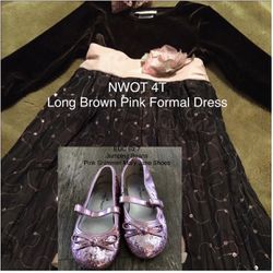 NWOT 4T Long Brown Pink Formal Dress & EUC Sz 7 Jumping Beans Pink Shimmer Mary Jane  Shoes Outfit