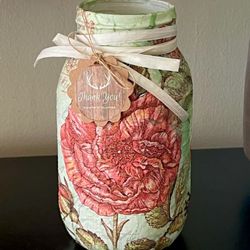 Floral Decoupage Chalk Painted 32oz Glass Mason Jar