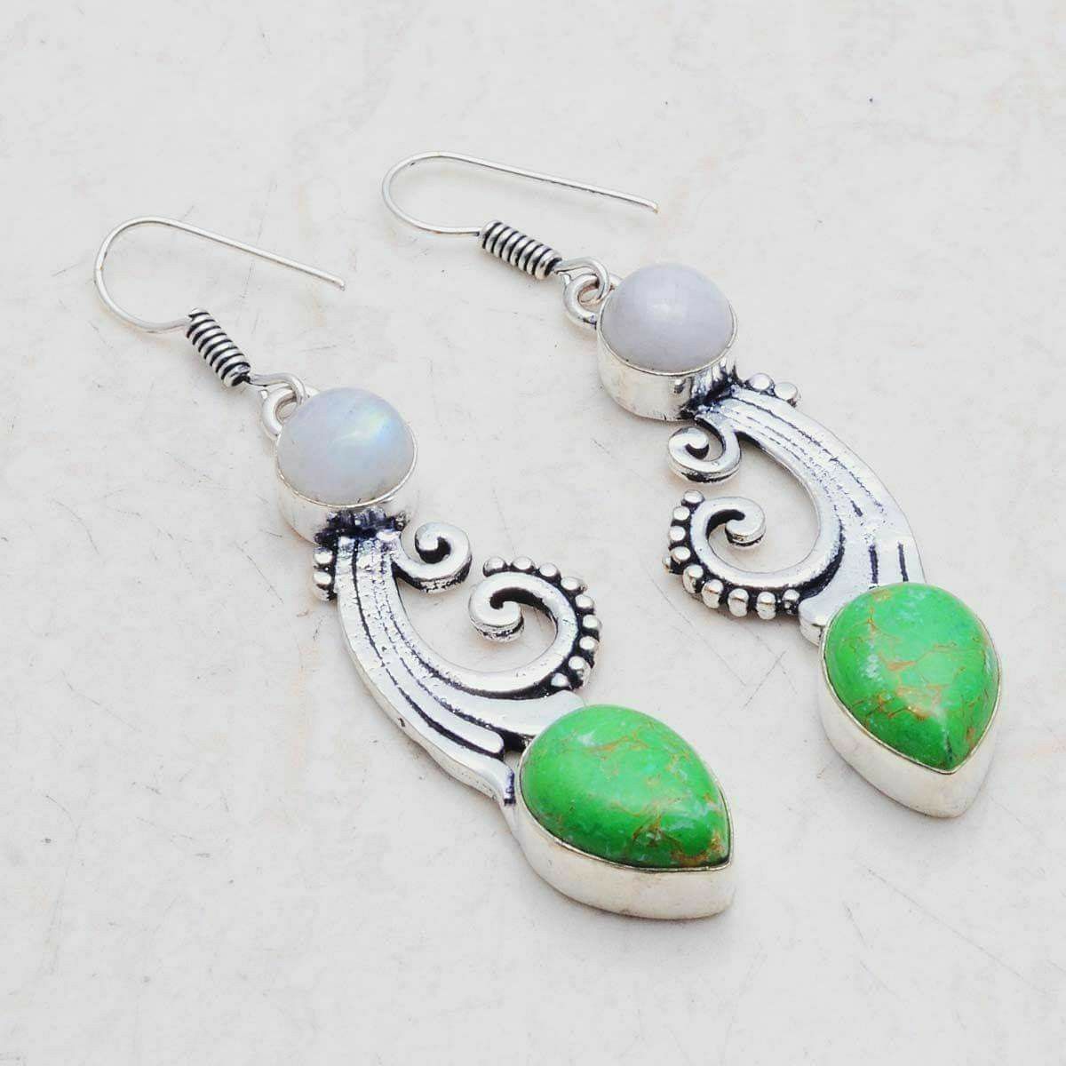 Green Turquoise and Moonstone 1.9 inch 925 earrings