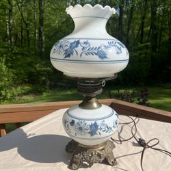 Blue & White Milk Glass Floral Themed Hurricane Lamp