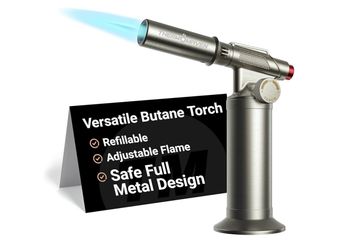 Metal Butane Torch, Kitchen Torch Lighter, Refillable Cooking Blow Torch, Fit All Butane Tanks with Adjustable Flame for Culinary Food, Brulee, Baking