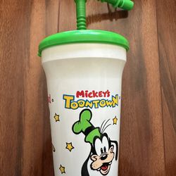 Vintage Disney Toontown cup 5” tall green top straw Disneyland