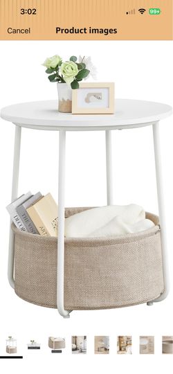 Collection - Small Round Side End Table, Modern Nightstand with Fabric Basket, Matte White and Camel Brown