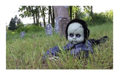 Haunted Hill Farm Scary Haunted Crawling Baby Doll, Halloween Animatronic with Touch Activated Lights and Sound, Battery Operated Indoor or Covered Ou