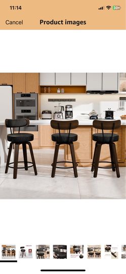 26'' Swivel Bar Stools Set of 3, Upholstered Faux Leather. Black