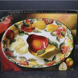 Beautiful hand-painted Clay Art Apples & Pears 2-Piece Chip & Dip Set Platter. 