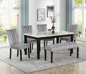 Sophisticated Design 6 pc dining set w/Marble look top & grey upholstered chairs