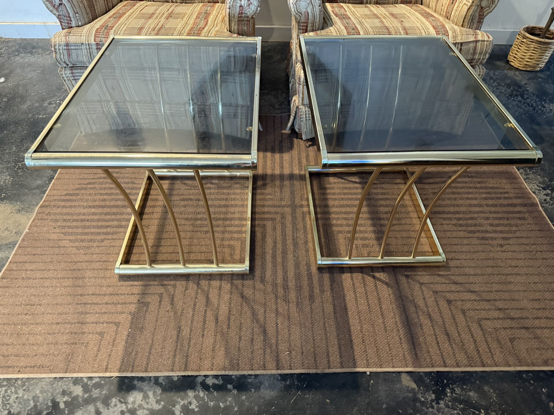 2 Vintage MCM Rectangular Side Tables With Smoked Glass