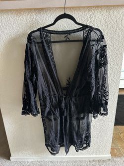 Black sheer lace kimono with floral embroidery and tie waist #goth #fairycore