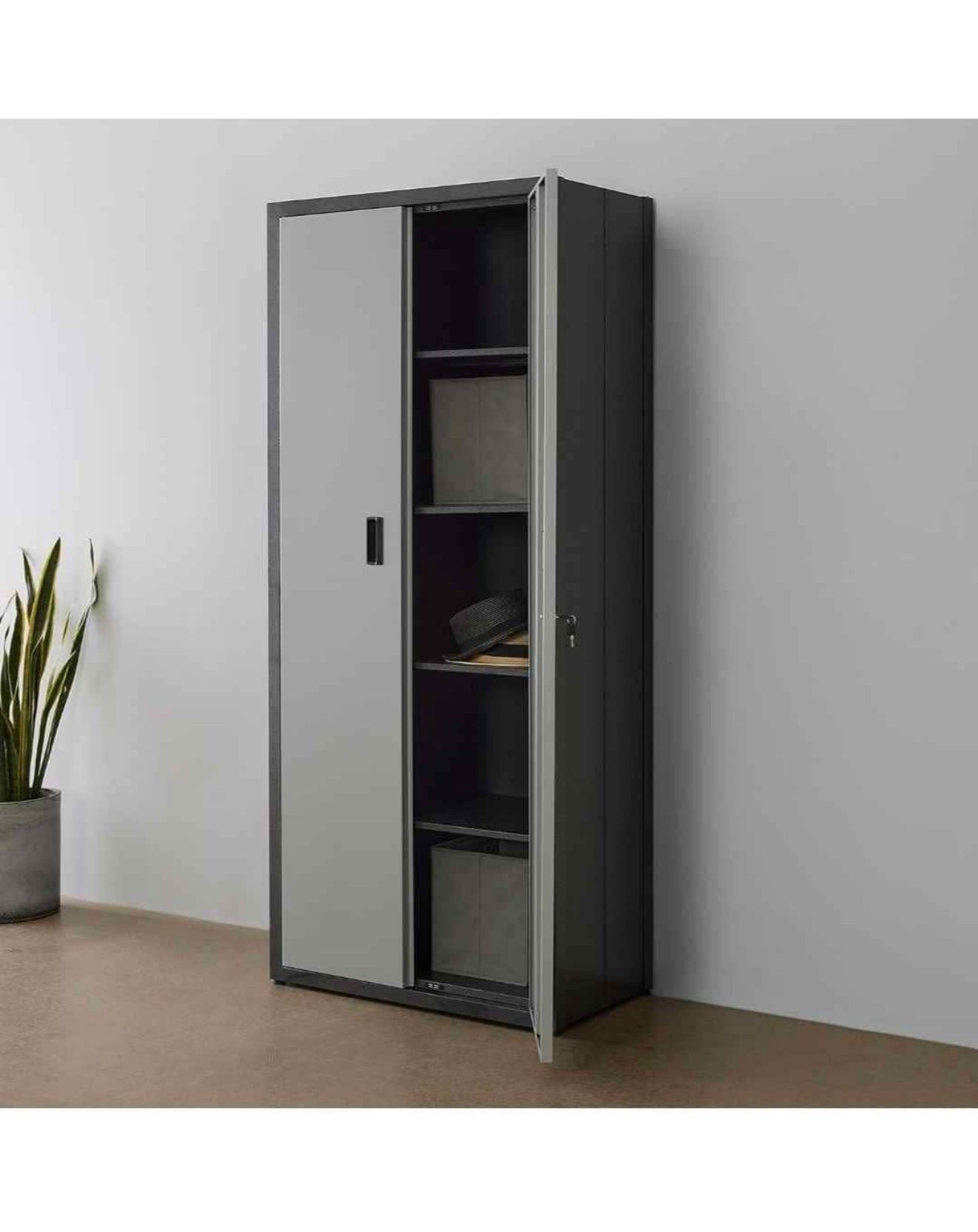 Metal Storage Cabinet with 2 Doors and 4 Shelves, Lockable Steel Storage Cabinet for Office, Garage, Warehouse,(Grey)
