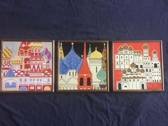 3 Beautiful Hand Painted Vintage Pictures on Tiles- Origin Unknown