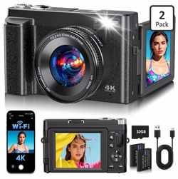 4K Digital Camera for Photography, 2026 Latest WiFi 64MP Vlogging Camera for YouTube with 180° flip Screen, Autofocus Anti-Shake, 16X Zoom, Compact Tr
