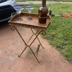 Vintage Folding Tray Table Including Cups And Bottle 