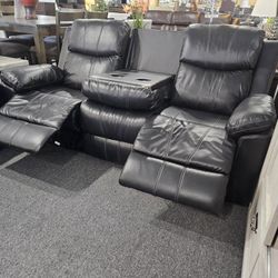 Brand New Black Bonded Manual Reclining Sofa With Cup Holders