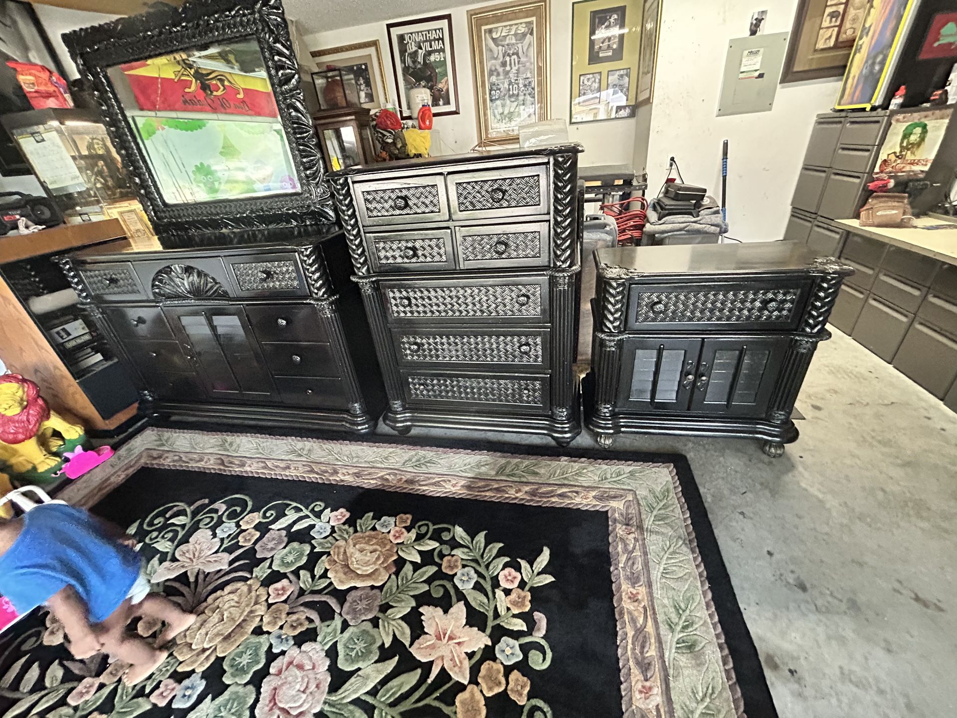 Beautiful Black King Size Dresser Set Includes Dresser, Mirror, Omar, And Oversize Nightstand Delivery