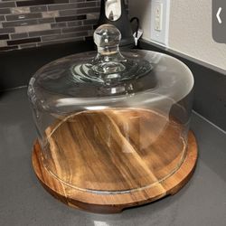 Round Wood Cake Stand With Glass Dome