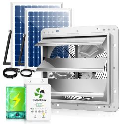 New ecoCalm 12 Solar Exhaust Fan with Battery  Adj. Thermostat 2x30W Bifacial Panels. Retail $212.00