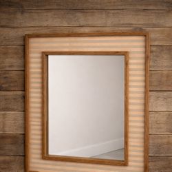 Vintage Inspired Wood Frame Wall Mirror – Retro Feminine Stripe Design | Natural Wood Accent Mirror