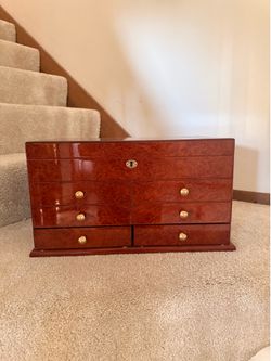 Large Burl Wood Cigar Humidor with Drawers