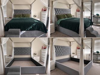 Queen Size Gray Velvet Four-Poster Canopy Bed Frame