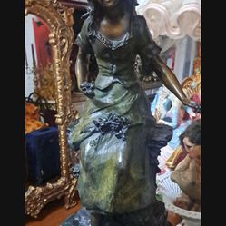 Antique Very Heavy Solid Bronze Moreau Statue Signed And Stamped  Marble Base 