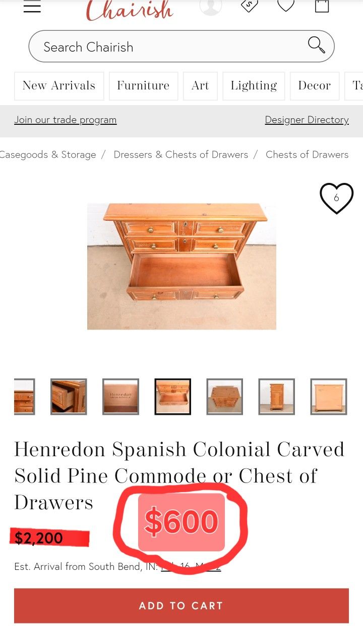 Henredon Spanish Colonial CarvedSolid Pine Commode or Chest ofDrawers