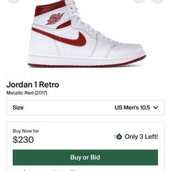 Jordan 1 Metalic Red Size 10.5