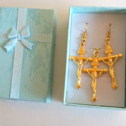 Crucifix Necklace +Earrings Set Gold tone