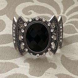Black Faux Onyx, Rhinestone Bangle Bracelet
