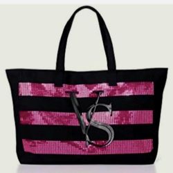 Victoria's Secret Large Tote Bag Beach Weekend Travel Pink Fuchsia Black Sequin