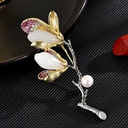 Elegant Hetian Jade Magnolia Brooch