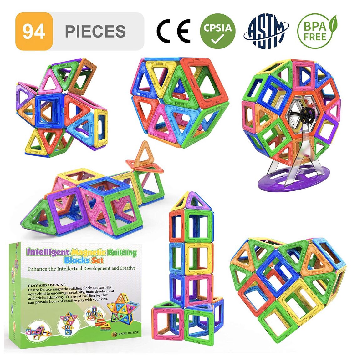 Magnetic Blocks Building Tiles STEM Toys Set (94pc ) – Children Creativity Educational 5 Year Old Boy Gifts for Kids Magnet Construction Toy for Girl