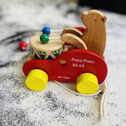 Poko Bear Drummer Car Toy Wooden Push Pull Toys for Kids