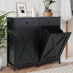 Double Tilt Out Trash Cabinet 10 Gallon*2,Kitchen Garbage Cabinet,Pet-Proof Standing Hidden Dual Laundry Sorter,W/Hideaway Drawer,for Kitchen,Living,D