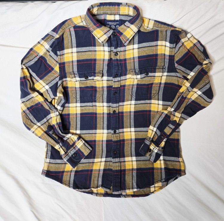 American Eagle Men's Yellow & Blue Plaid Flannel Button Up Shirt (L)