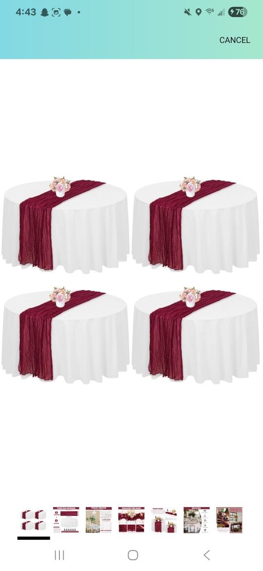 4 Set 90 Inch Round Tablecloth and 35x120 Inch Cheesecloth Table Runner, Gauze Table Runner and White Polyester Washable Table Cloth for Party, Weddin