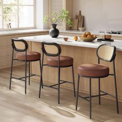 Bar Stools Set of 4. Bar Height Stools with Rattan Back and Metal Legs, 25.1-Inch Tall Counter Chairs, Modern Leather Upholstered Barstool