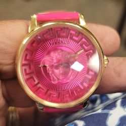 Versace Medusa Alchemy Quartz Leather watch with a pink leather strap, Gold Tone