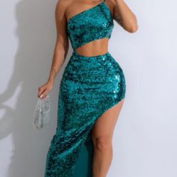 Sequin maxi Dress Turquoise Color Size S 