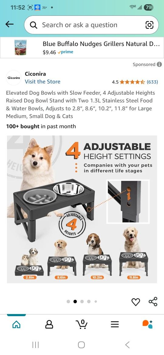 Elevated Dog Bowls with Slow Feeder, 4 Adjustable Heights Raised Dog Bowl Stand with Two 1.3L Stainless Steel Food & Water Bowls, Adjusts to 2.8", 8.6